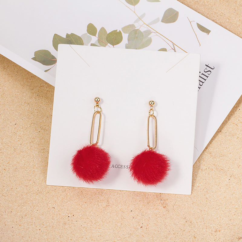 Oval Link Chain Pom Drop Earrings - Red