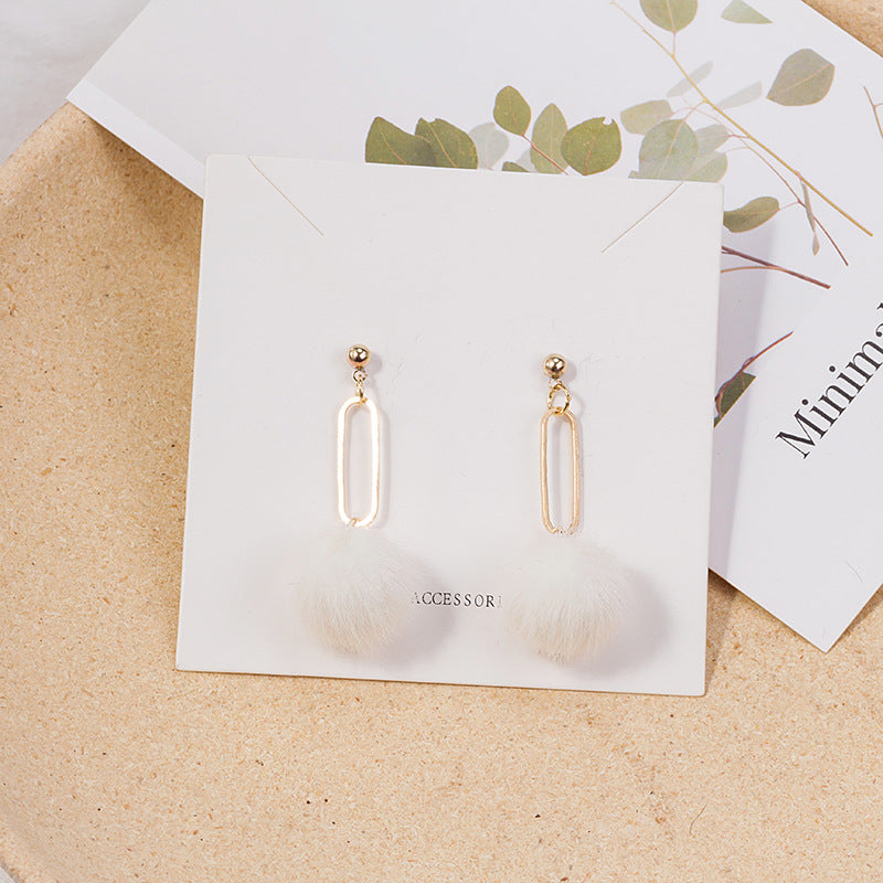 Oval Link Chain Pom Drop Earrings - White