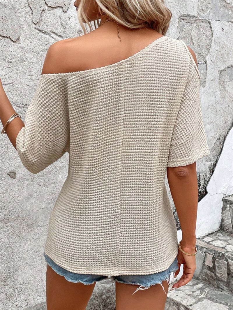 Asymmetric Cold Shoulder Waffle Knit Blouse - Apricot - 3