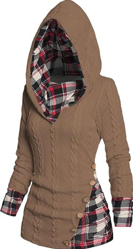 Plaid Trim Cable Knit Button Hoodie - Coffee