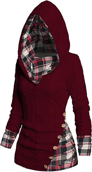 Plaid Trim Cable Knit Button Hoodie - DarkRed
