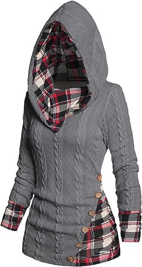 Plaid Trim Cable Knit Button Hoodie - Grey