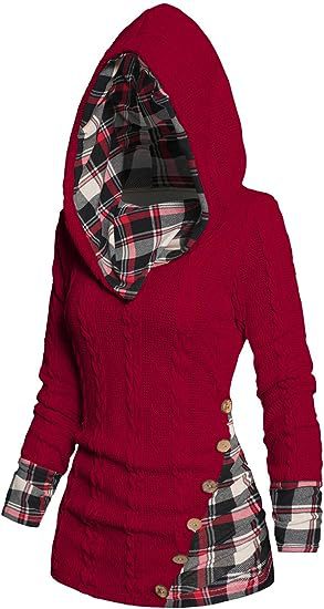 Plaid Trim Cable Knit Button Hoodie - Red