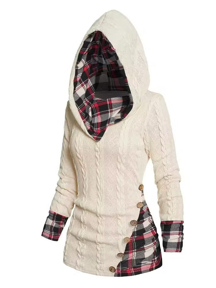 Plaid Trim Cable Knit Button Hoodie