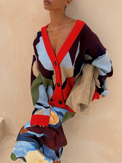 Abstract Colorblock Button Front Knit Cardigan - Red - 1