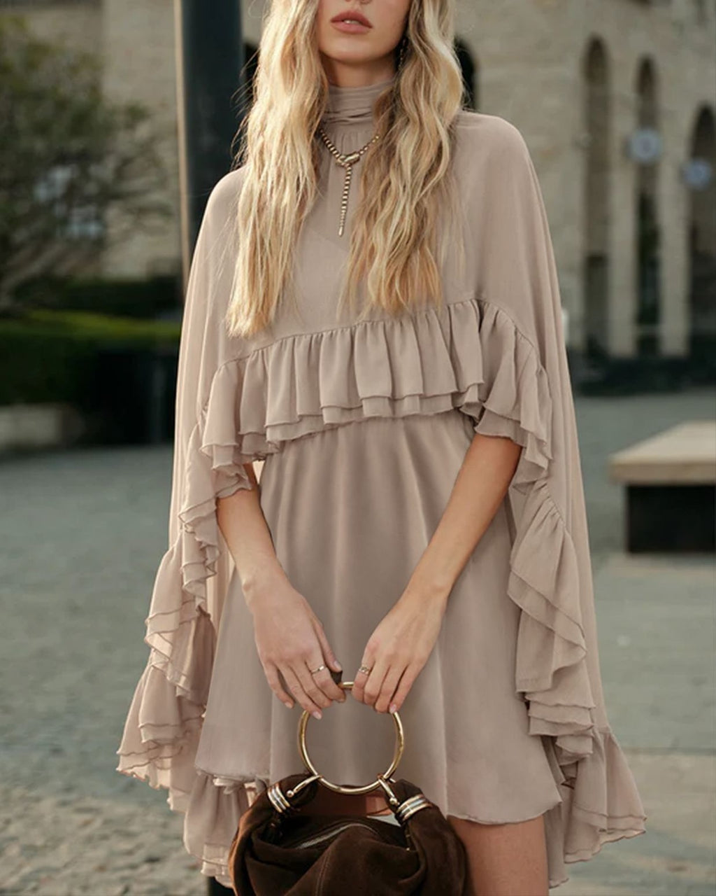 Tiered Ruffle Mini Dress With Bell Sleeves - C1