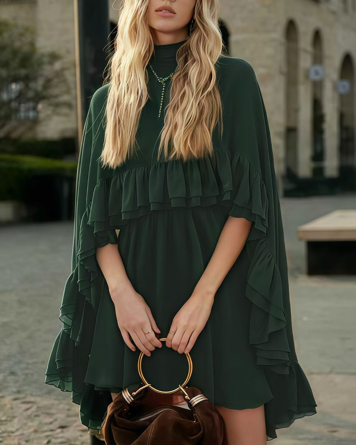 Tiered Ruffle Mini Dress With Bell Sleeves - C10
