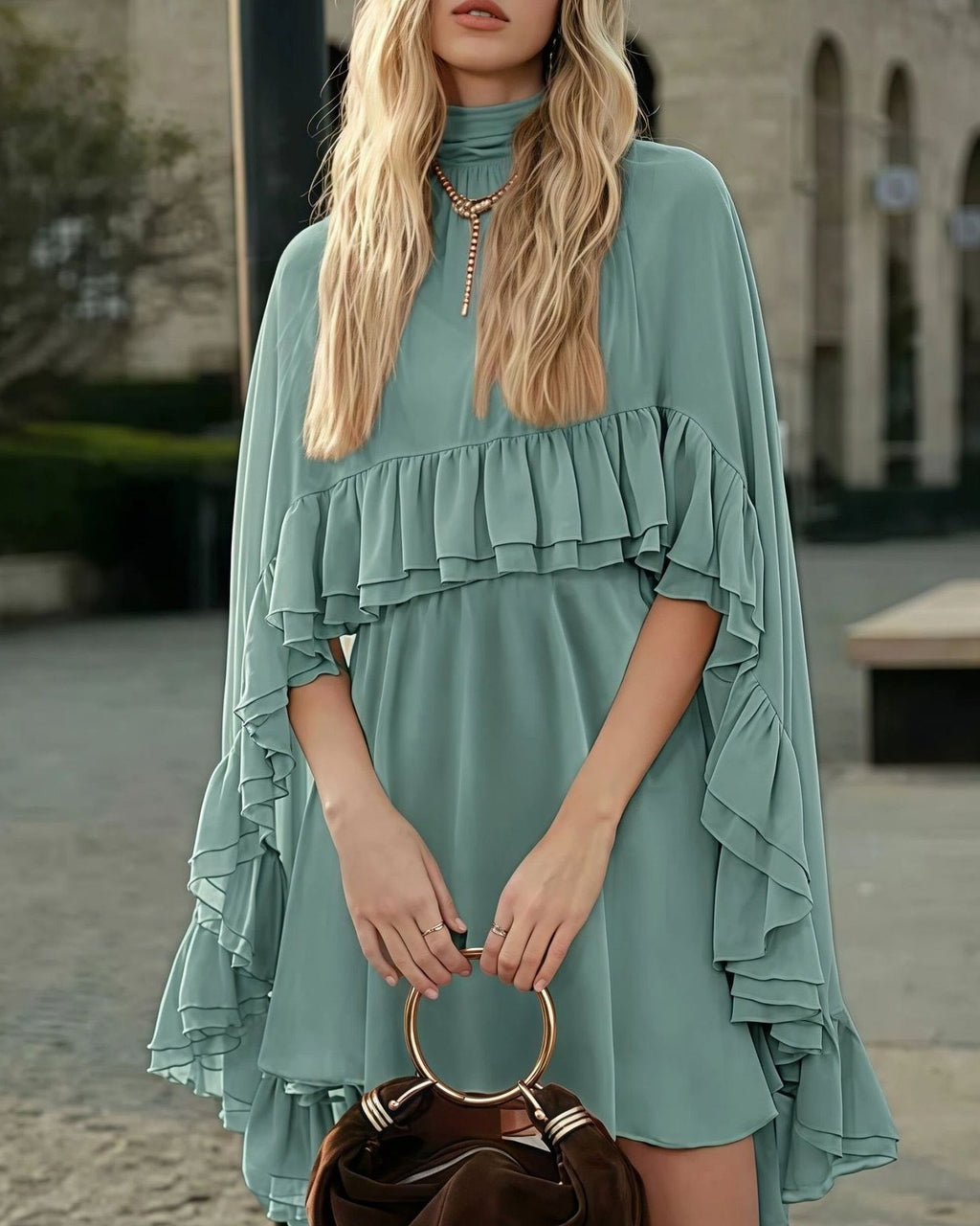 Tiered Ruffle Mini Dress With Bell Sleeves - C11