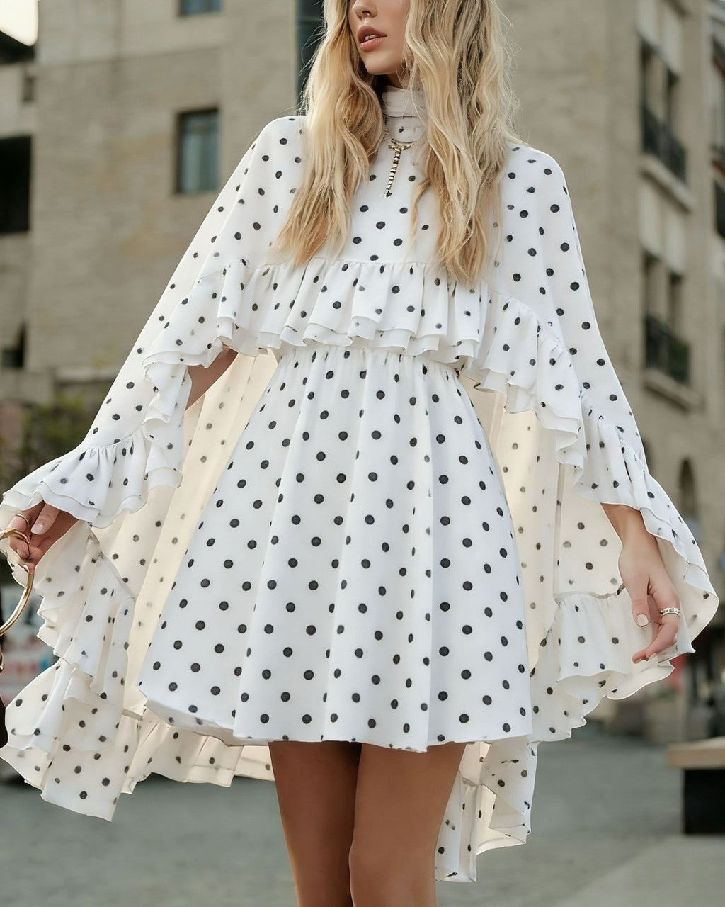 Tiered Ruffle Mini Dress With Bell Sleeves - C12
