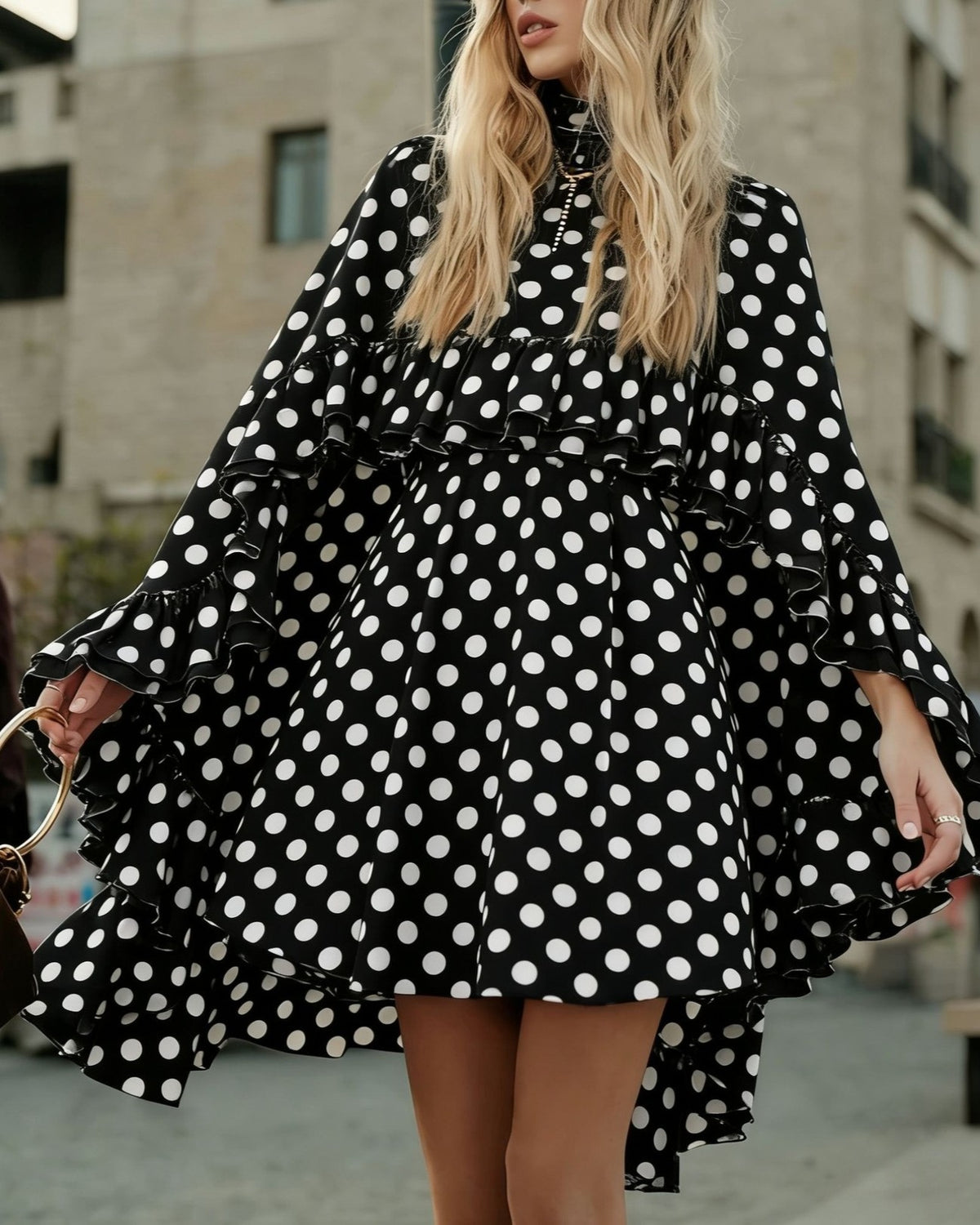Tiered Ruffle Mini Dress With Bell Sleeves - C13