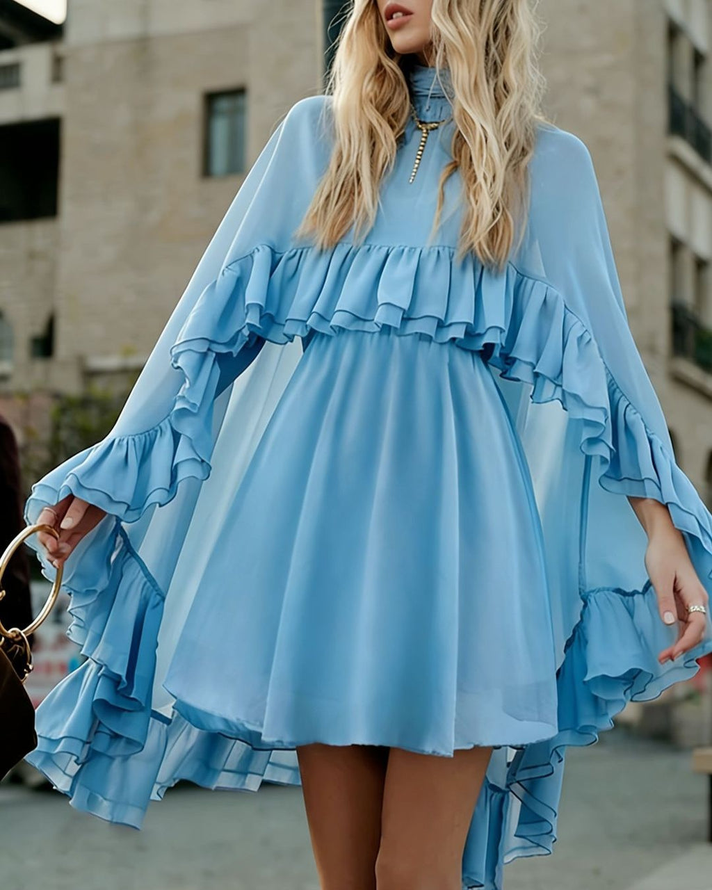 Tiered Ruffle Mini Dress With Bell Sleeves - C14