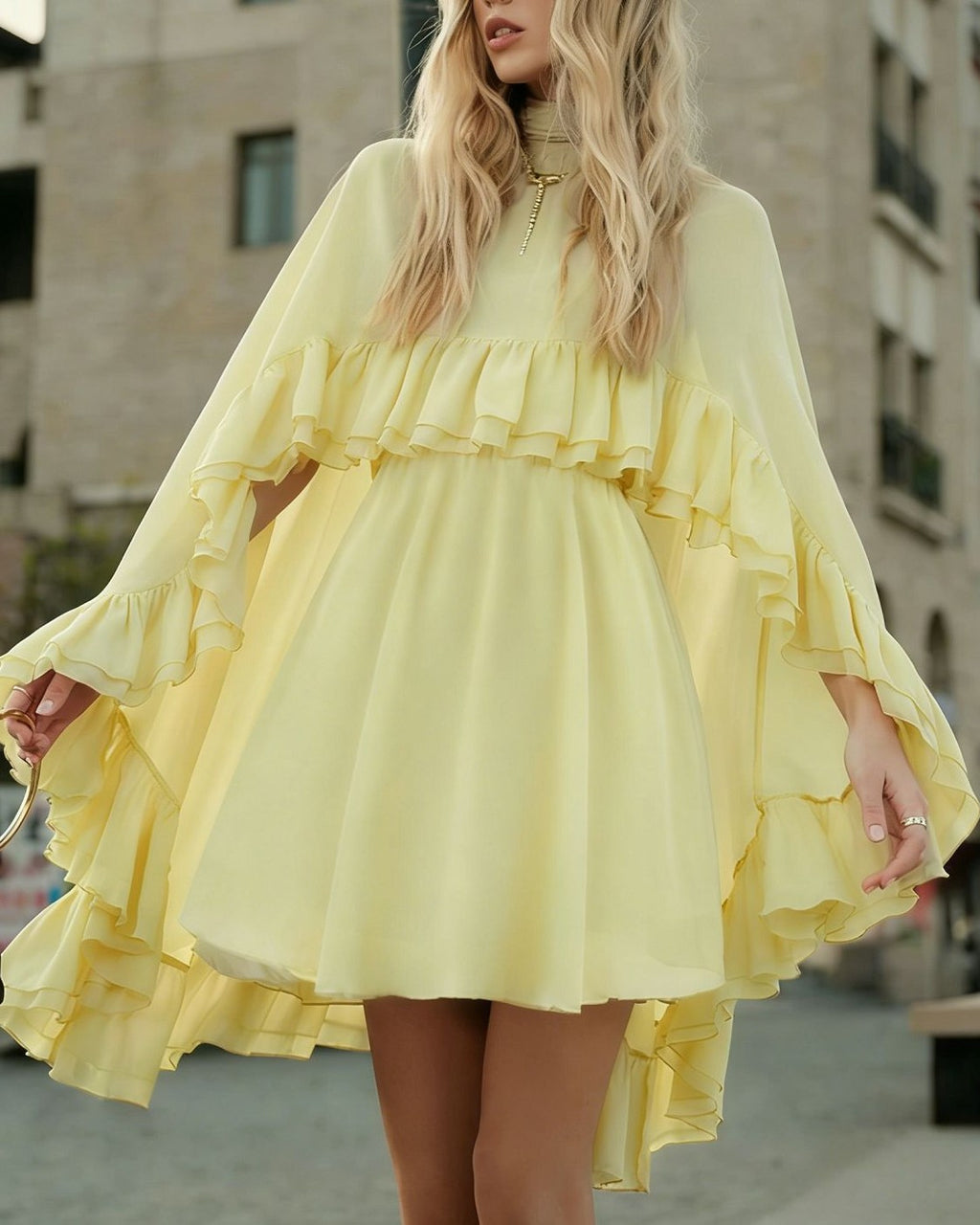 Tiered Ruffle Mini Dress With Bell Sleeves - C15