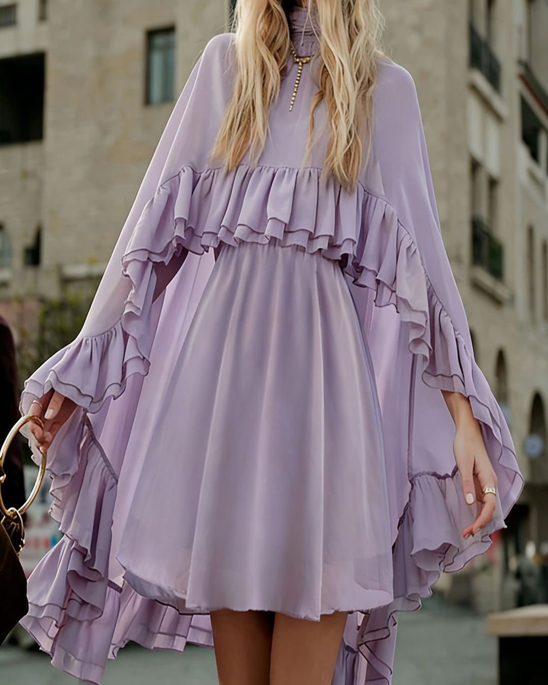 Tiered Ruffle Mini Dress With Bell Sleeves - C16