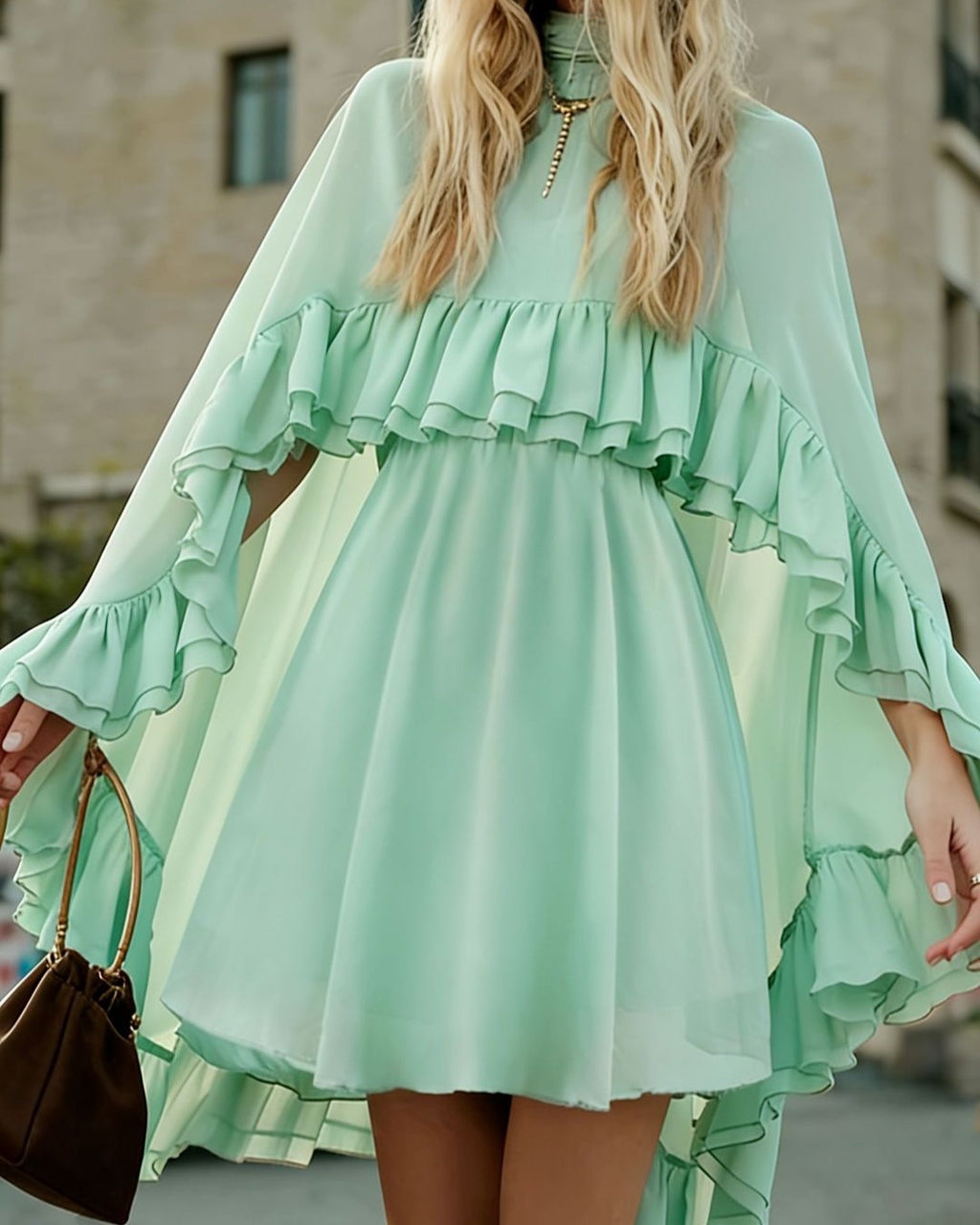 Tiered Ruffle Mini Dress With Bell Sleeves - C17