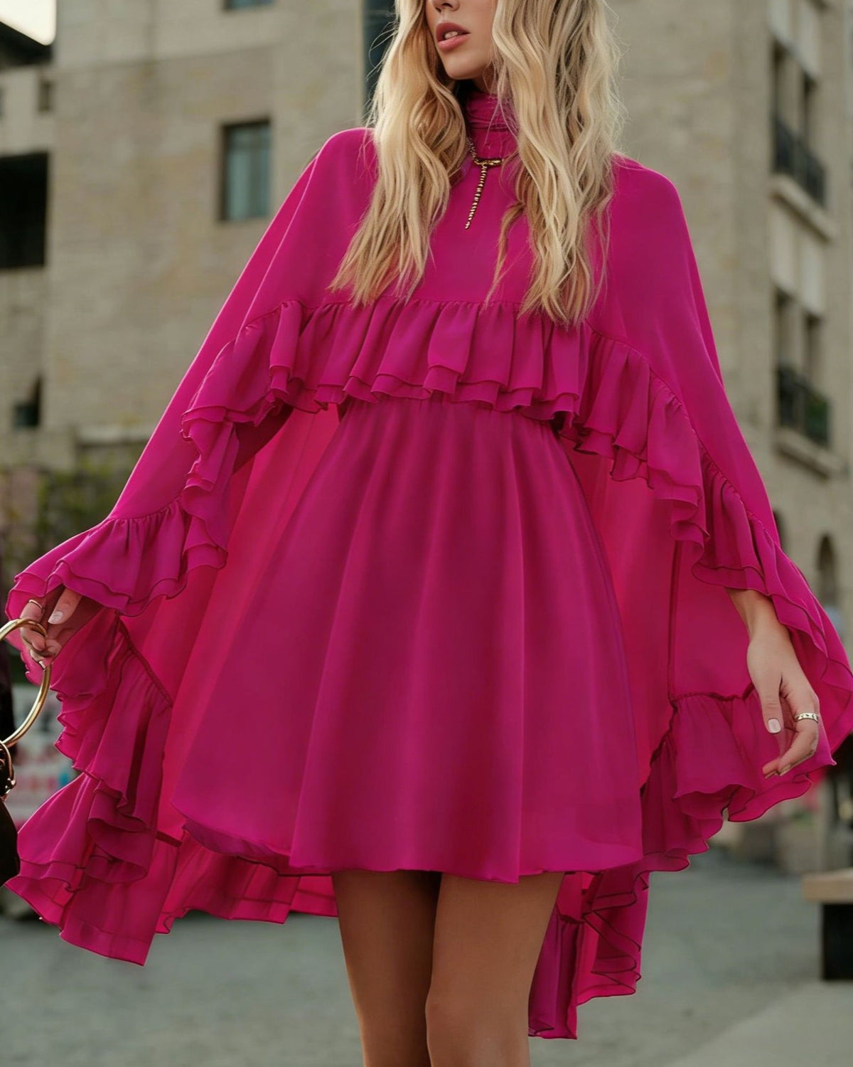 Tiered Ruffle Mini Dress With Bell Sleeves - C18