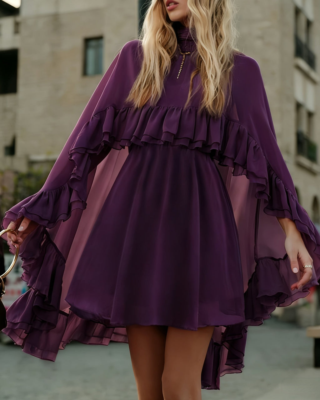 Tiered Ruffle Mini Dress With Bell Sleeves - C19