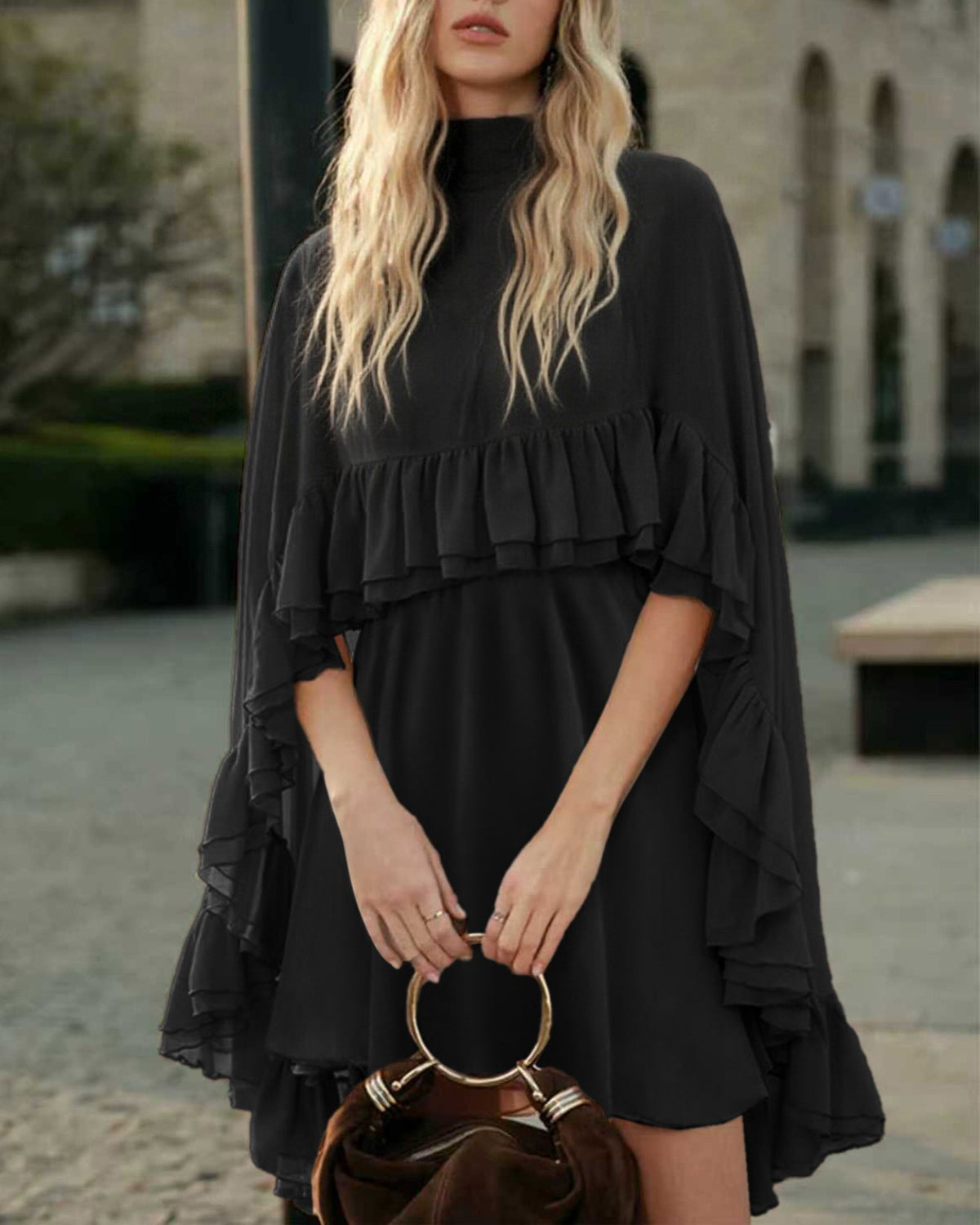 Tiered Ruffle Mini Dress With Bell Sleeves - C2