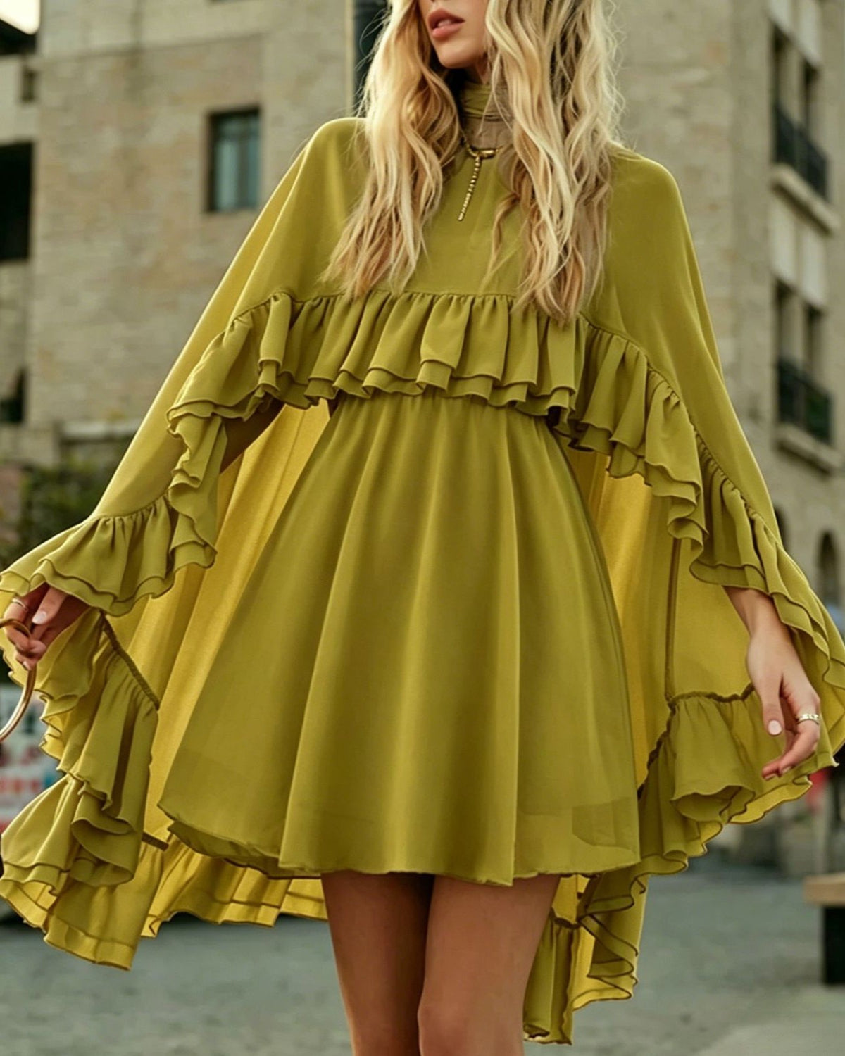 Tiered Ruffle Mini Dress With Bell Sleeves - C20