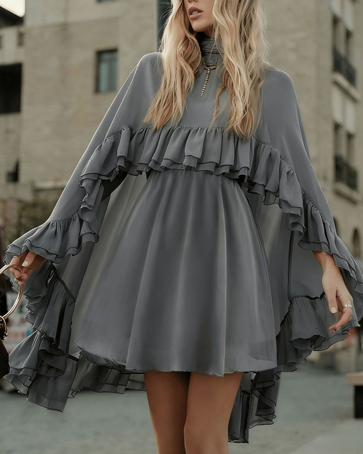 Tiered Ruffle Mini Dress With Bell Sleeves - C21