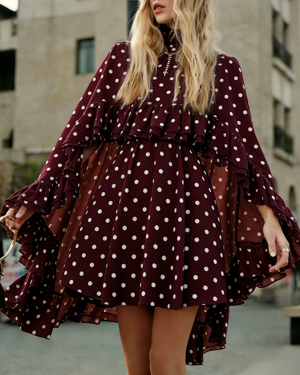 Tiered Ruffle Mini Dress With Bell Sleeves - C22