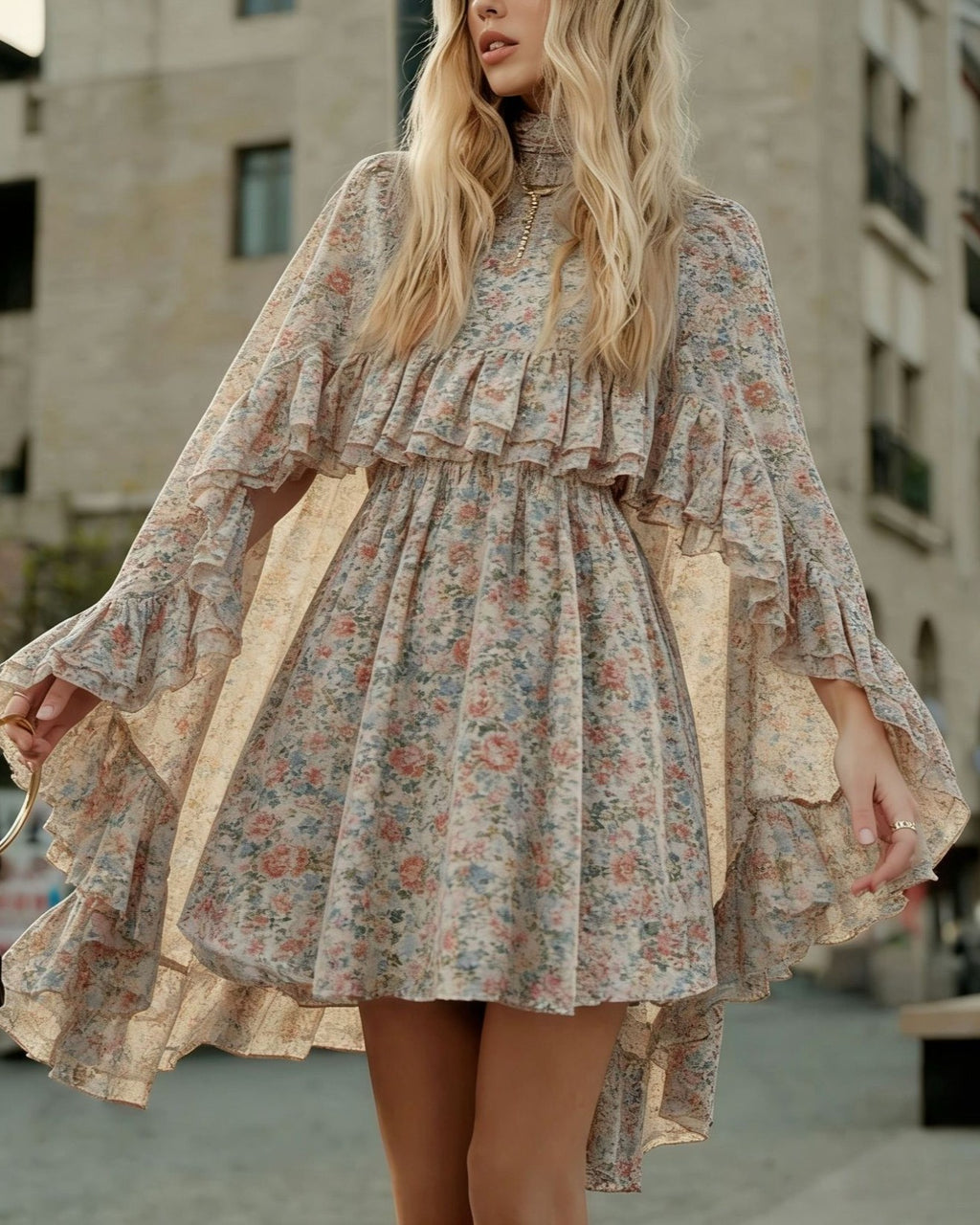 Tiered Ruffle Mini Dress With Bell Sleeves - C23