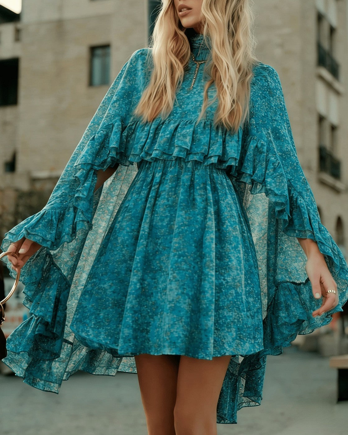 Tiered Ruffle Mini Dress With Bell Sleeves - C24