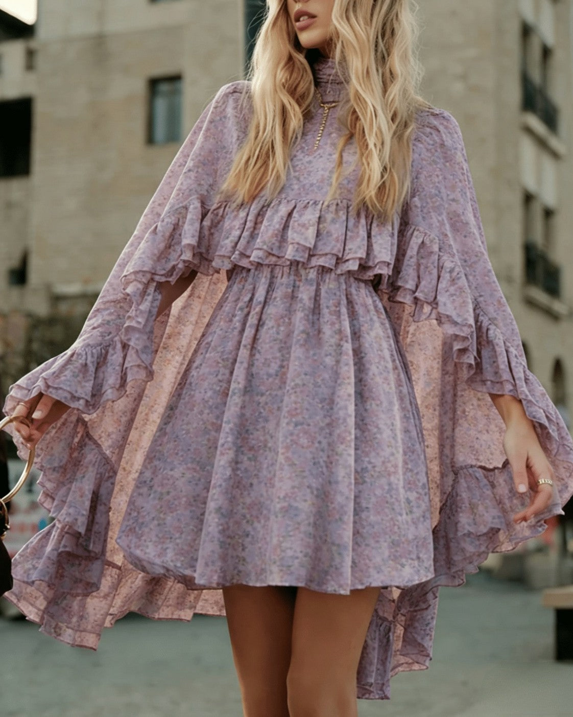Tiered Ruffle Mini Dress With Bell Sleeves - C25