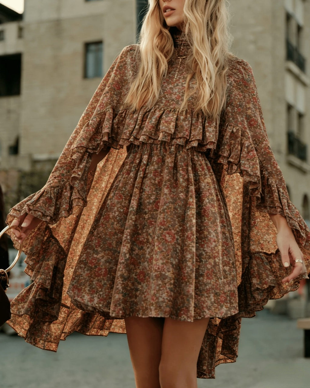 Tiered Ruffle Mini Dress With Bell Sleeves - C26