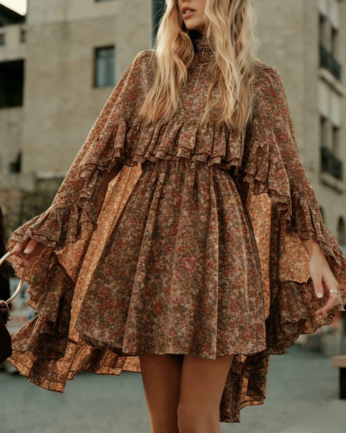 Tiered Ruffle Mini Dress With Bell Sleeves - C26
