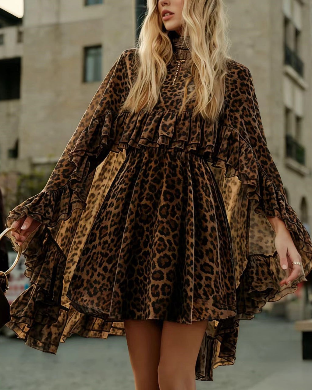 Tiered Ruffle Mini Dress With Bell Sleeves - C27