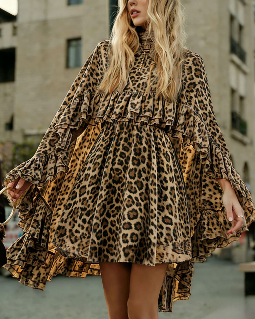 Tiered Ruffle Mini Dress With Bell Sleeves - C28