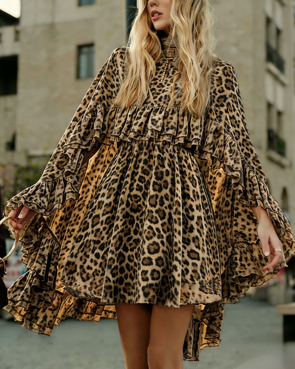 Tiered Ruffle Mini Dress With Bell Sleeves - C28