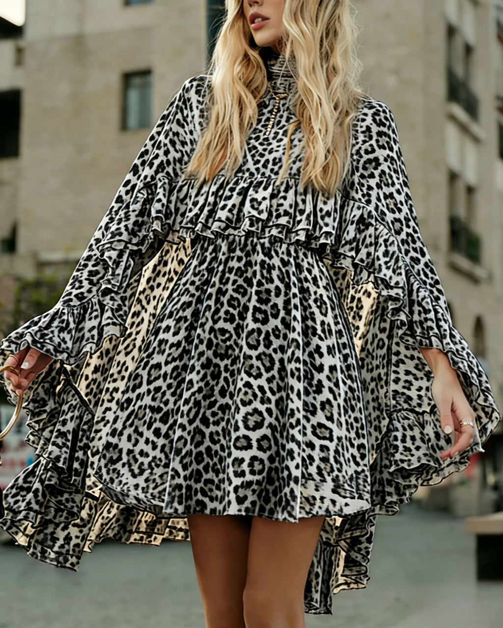 Tiered Ruffle Mini Dress With Bell Sleeves - C29