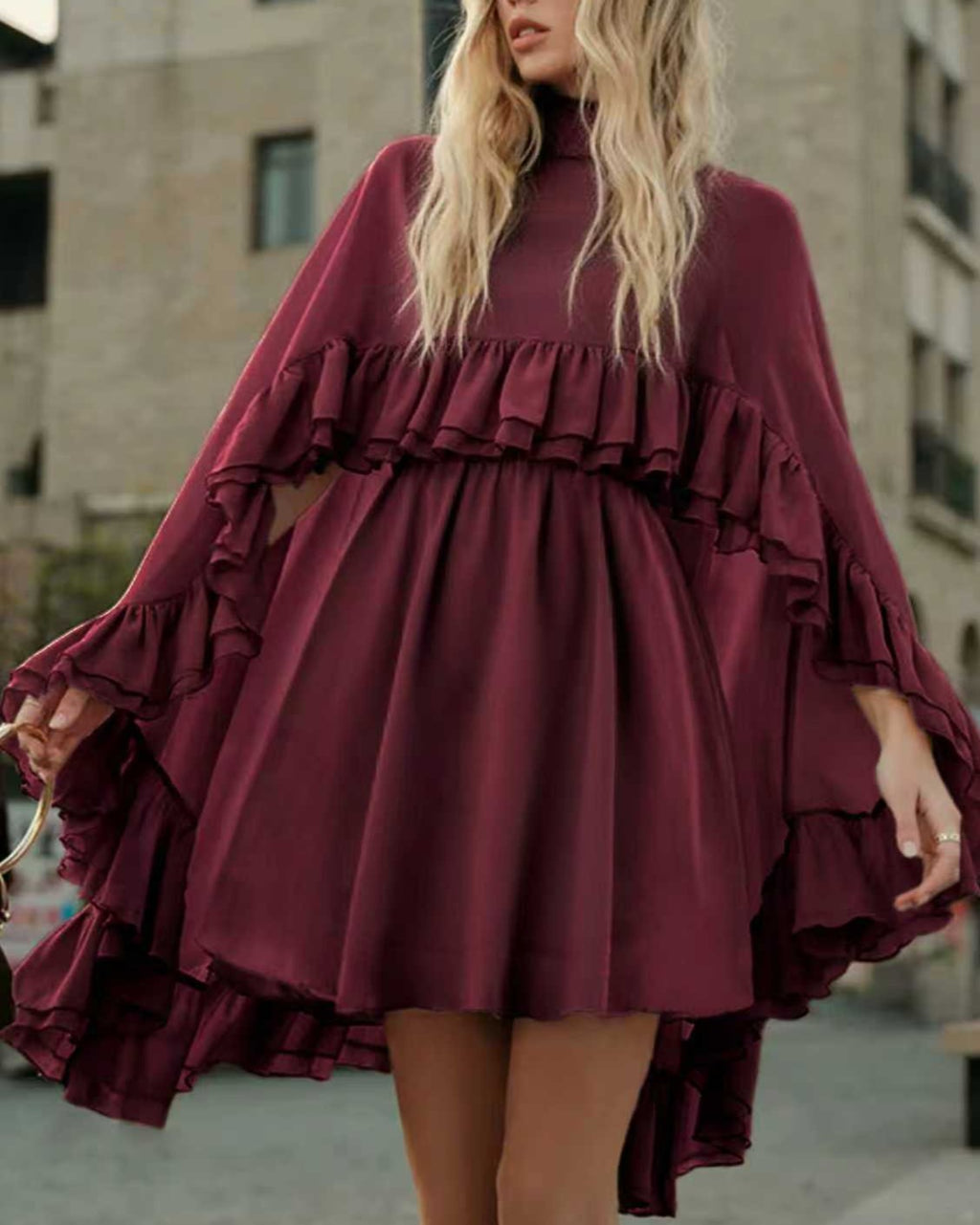 Tiered Ruffle Mini Dress With Bell Sleeves - C3