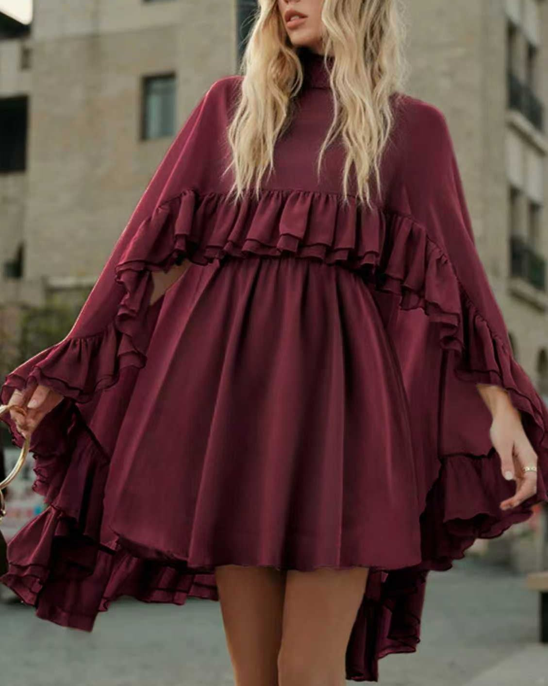 Tiered Ruffle Mini Dress With Bell Sleeves - C3