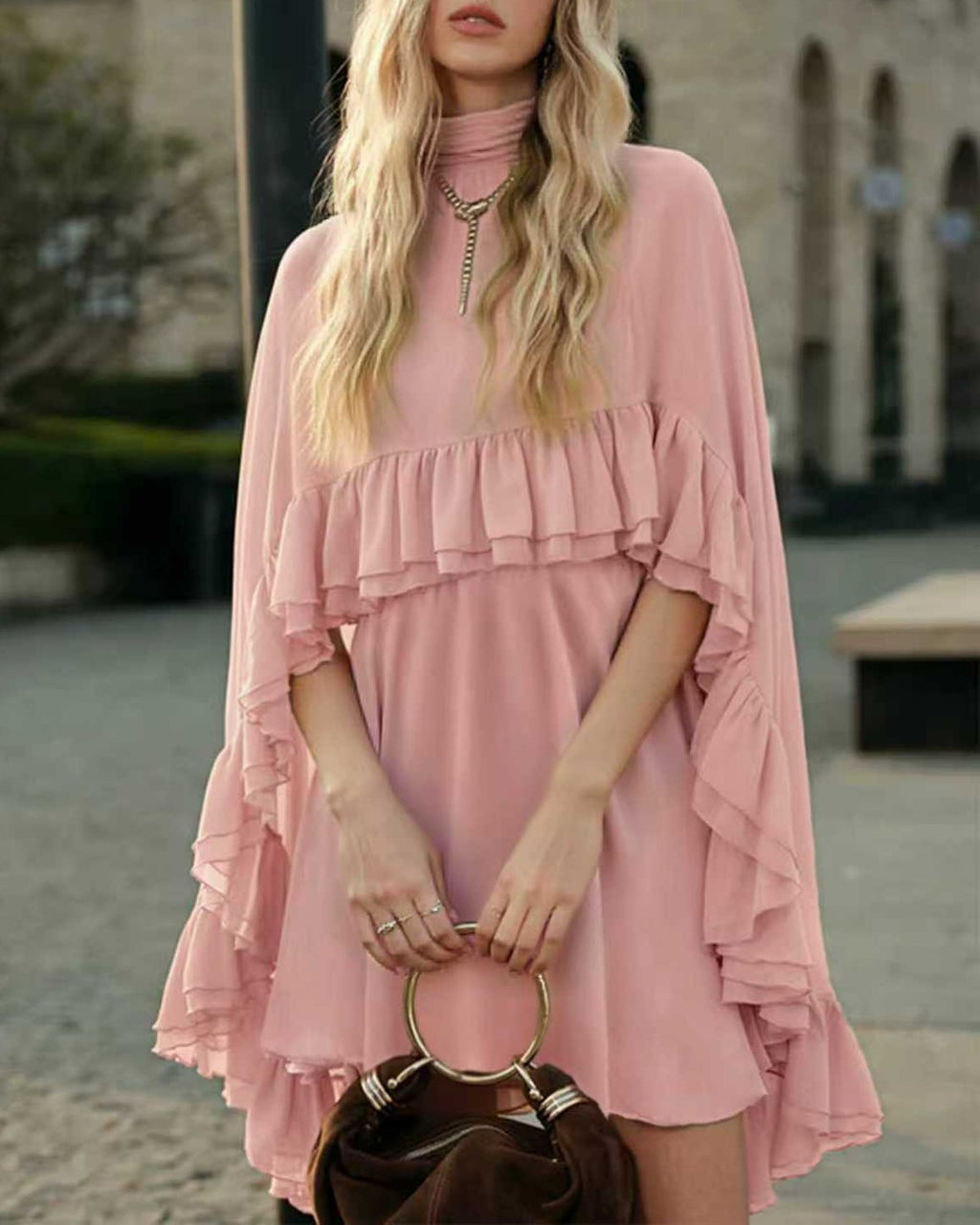 Tiered Ruffle Mini Dress With Bell Sleeves - C4