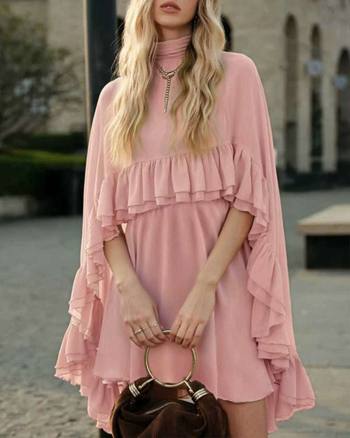 Tiered Ruffle Mini Dress With Bell Sleeves - C4