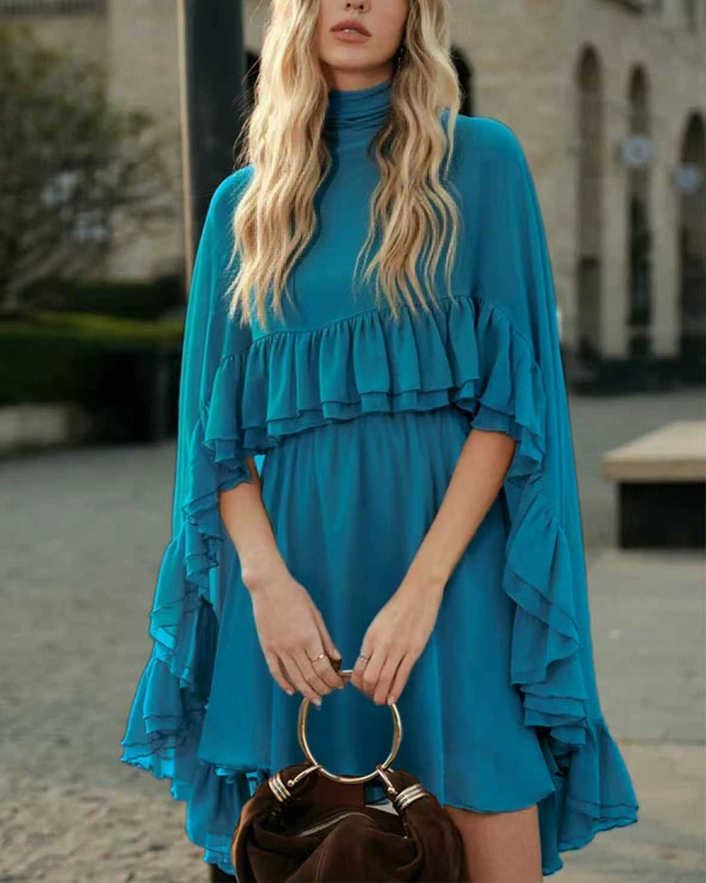Tiered Ruffle Mini Dress With Bell Sleeves - C5