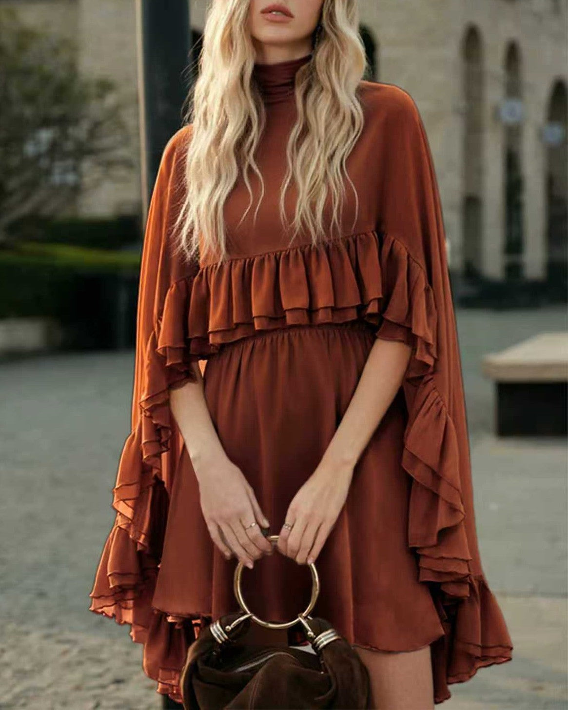 Tiered Ruffle Mini Dress With Bell Sleeves - C6