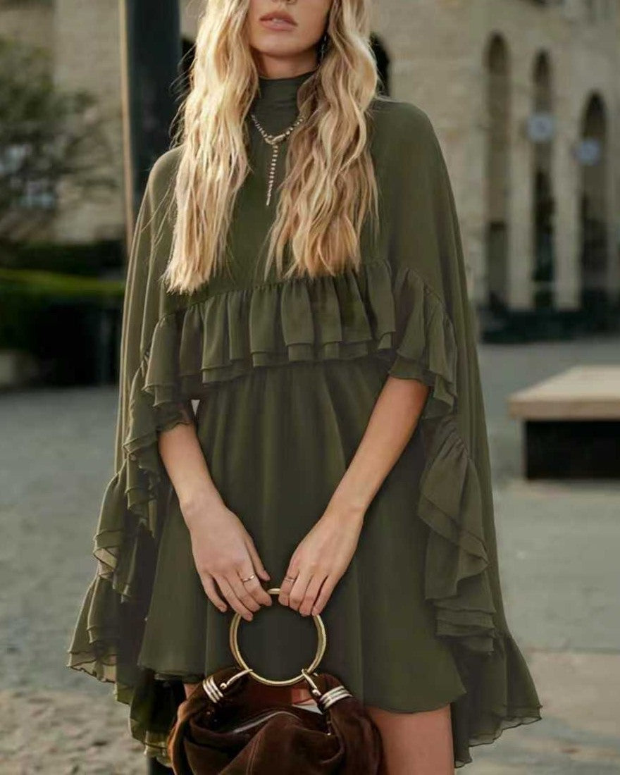 Tiered Ruffle Mini Dress With Bell Sleeves - C7