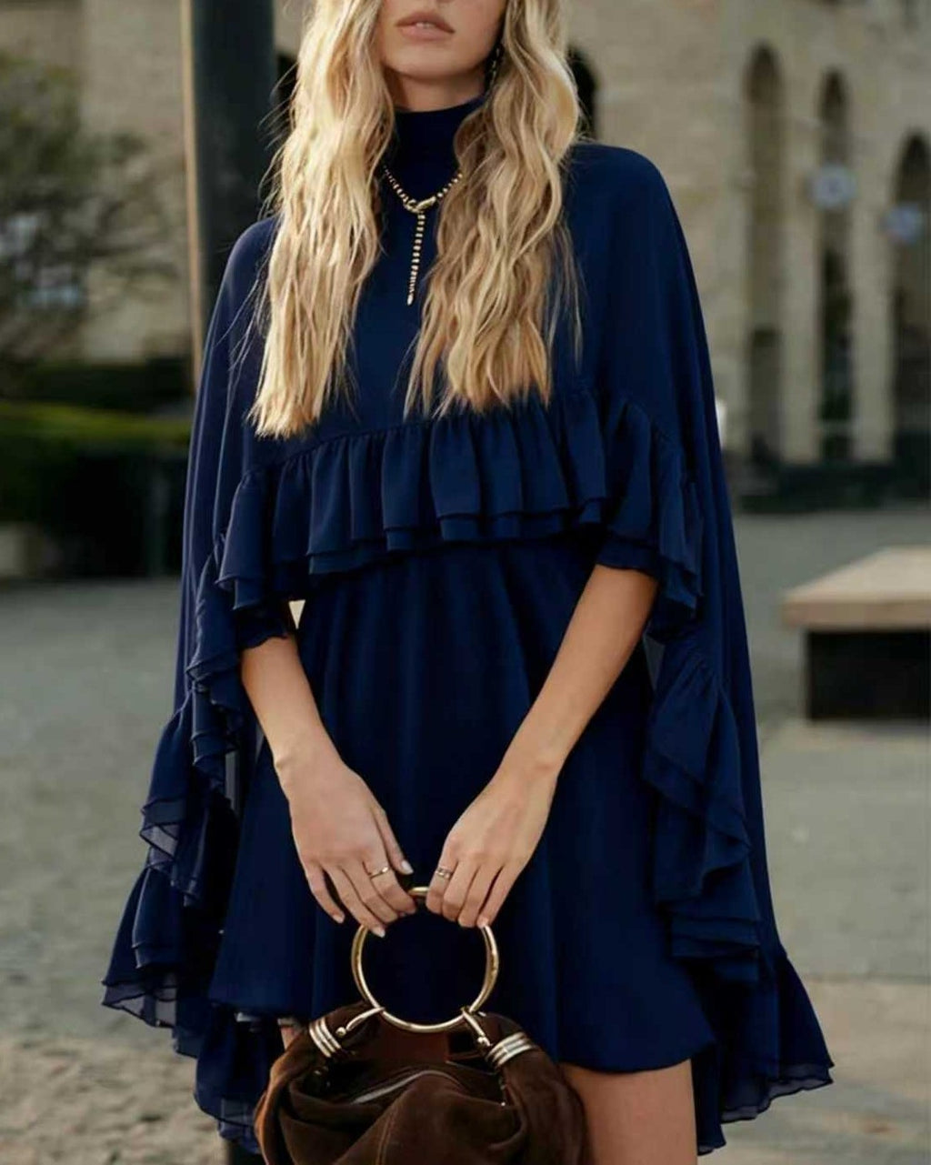 Tiered Ruffle Mini Dress With Bell Sleeves - C8