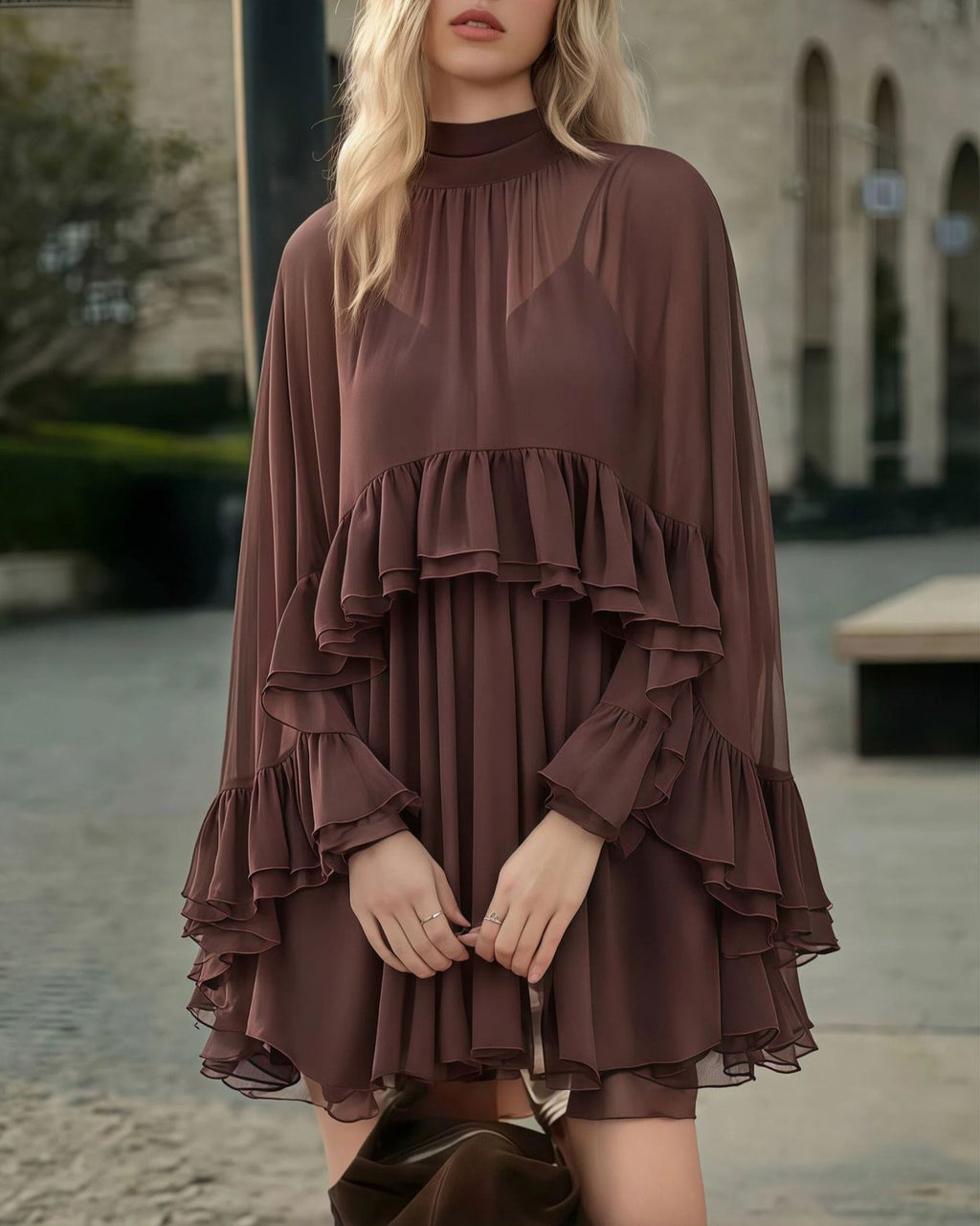 Tiered Ruffle Mini Dress With Bell Sleeves - C9
