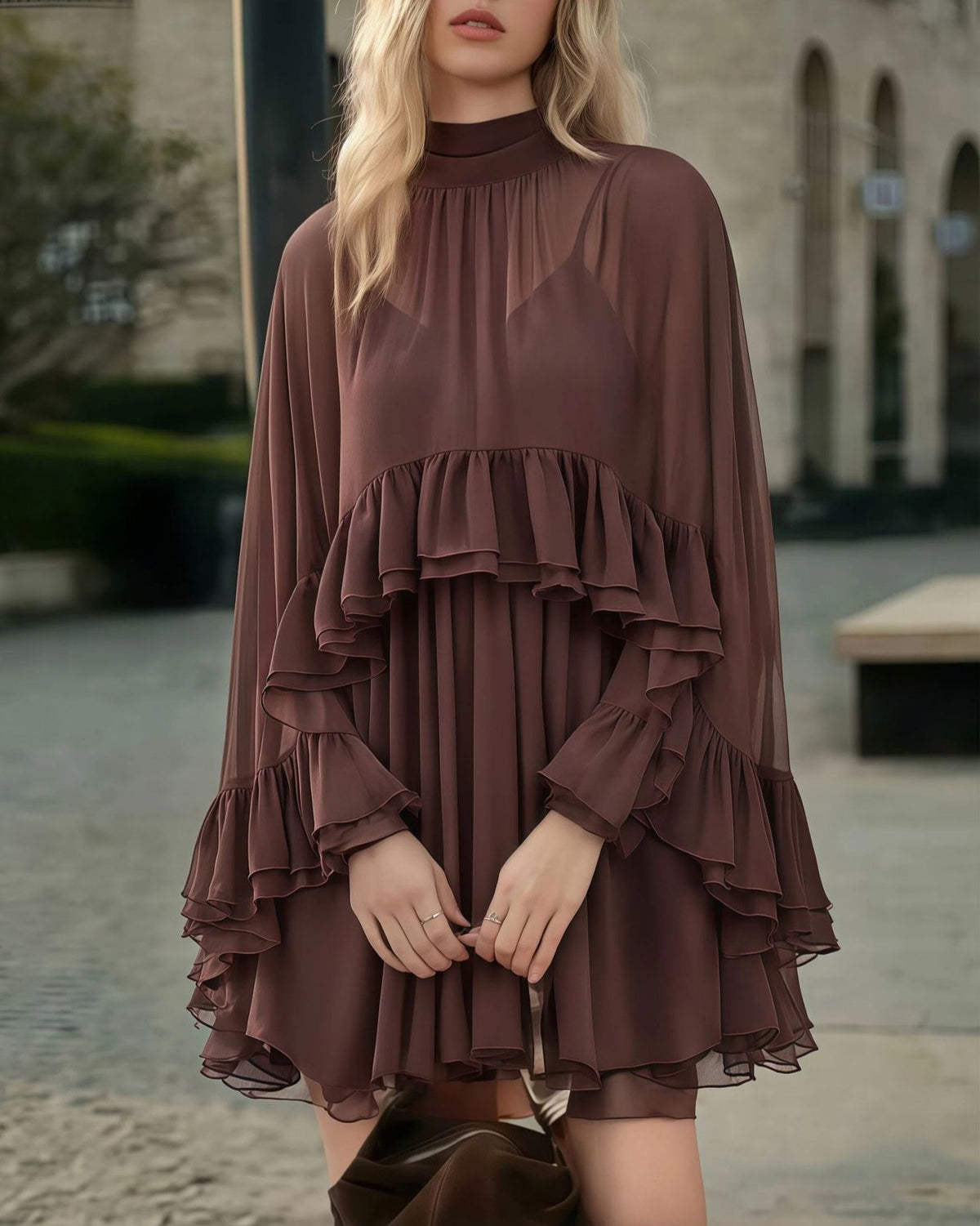 Tiered Ruffle Mini Dress With Bell Sleeves - C9