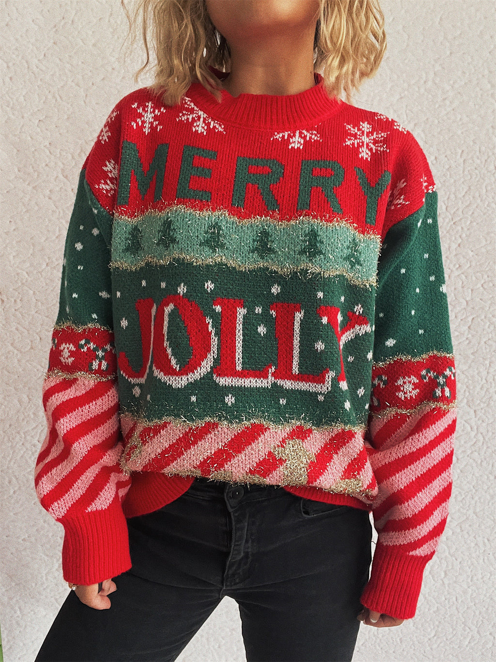 Festive Slogan Candy Stripe Christmas Sweater - Red