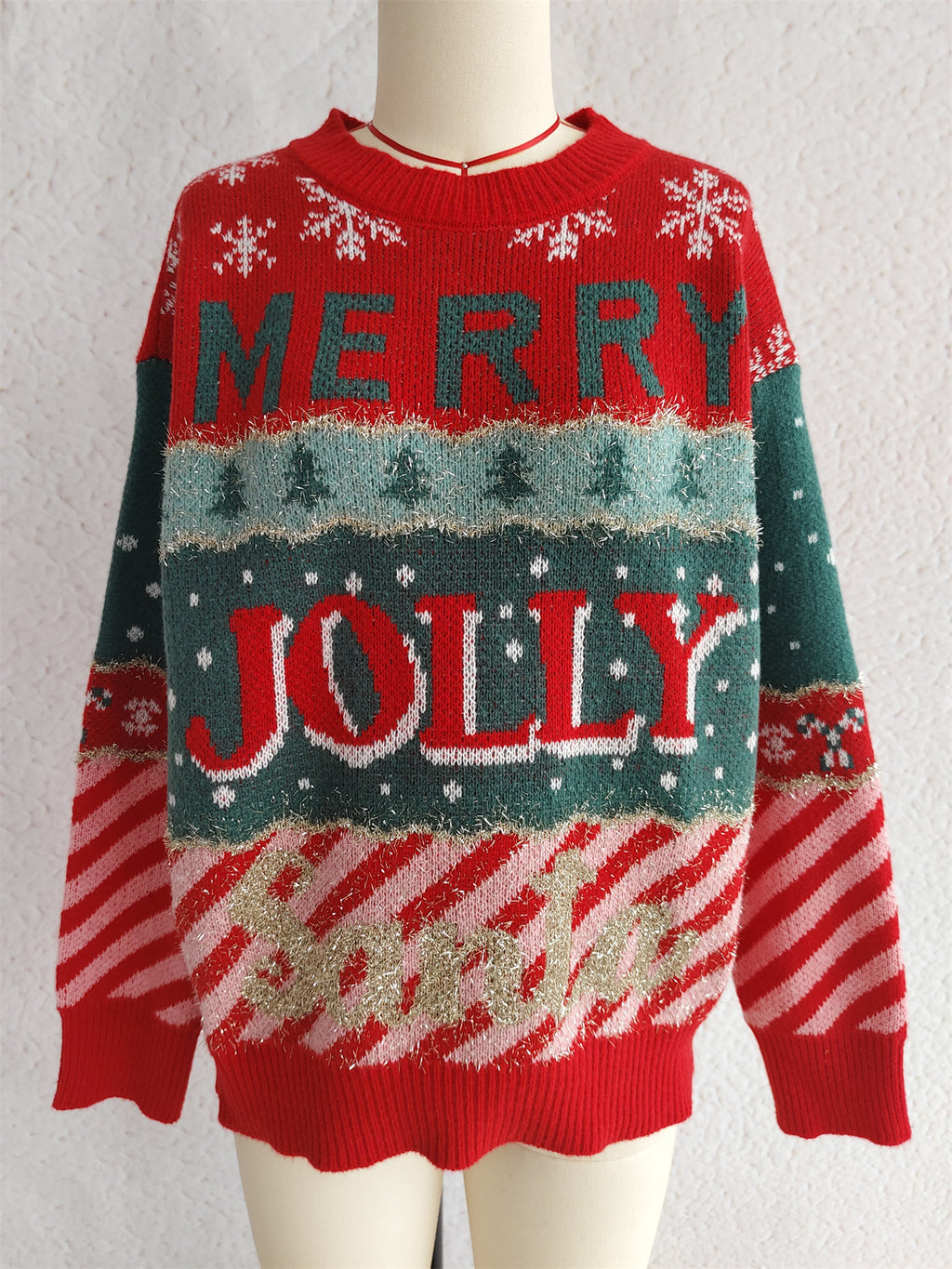 Festive Slogan Candy Stripe Christmas Sweater - Red - 1