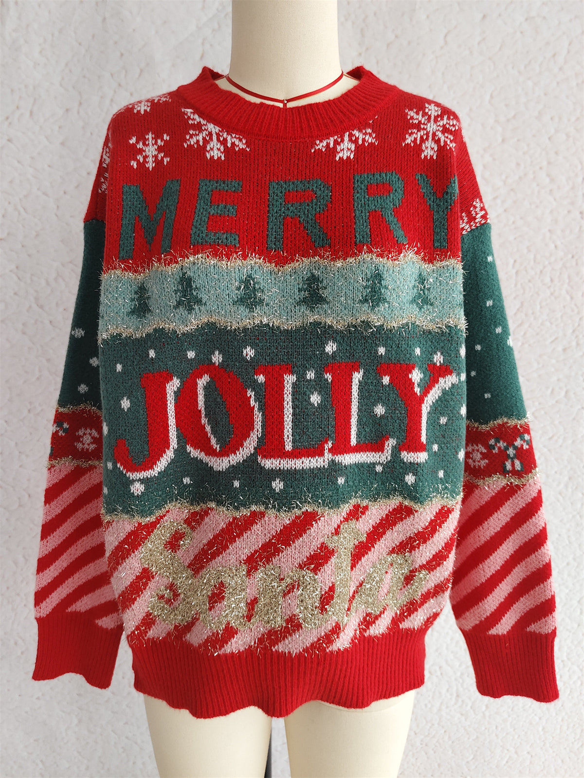 Festive Slogan Candy Stripe Christmas Sweater - Red - 1