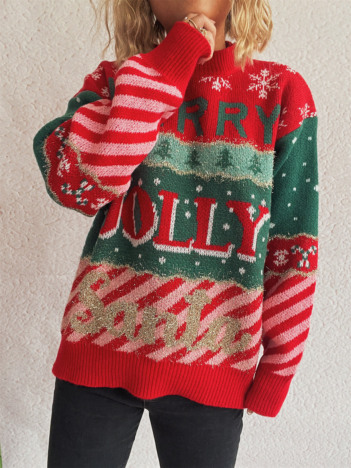 Festive Slogan Candy Stripe Christmas Sweater - Red - 2
