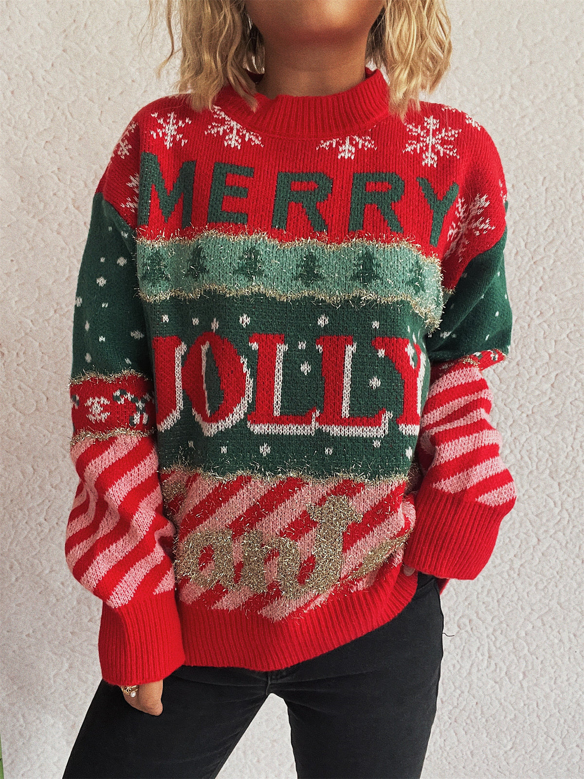 Festive Slogan Candy Stripe Christmas Sweater - Red - 3