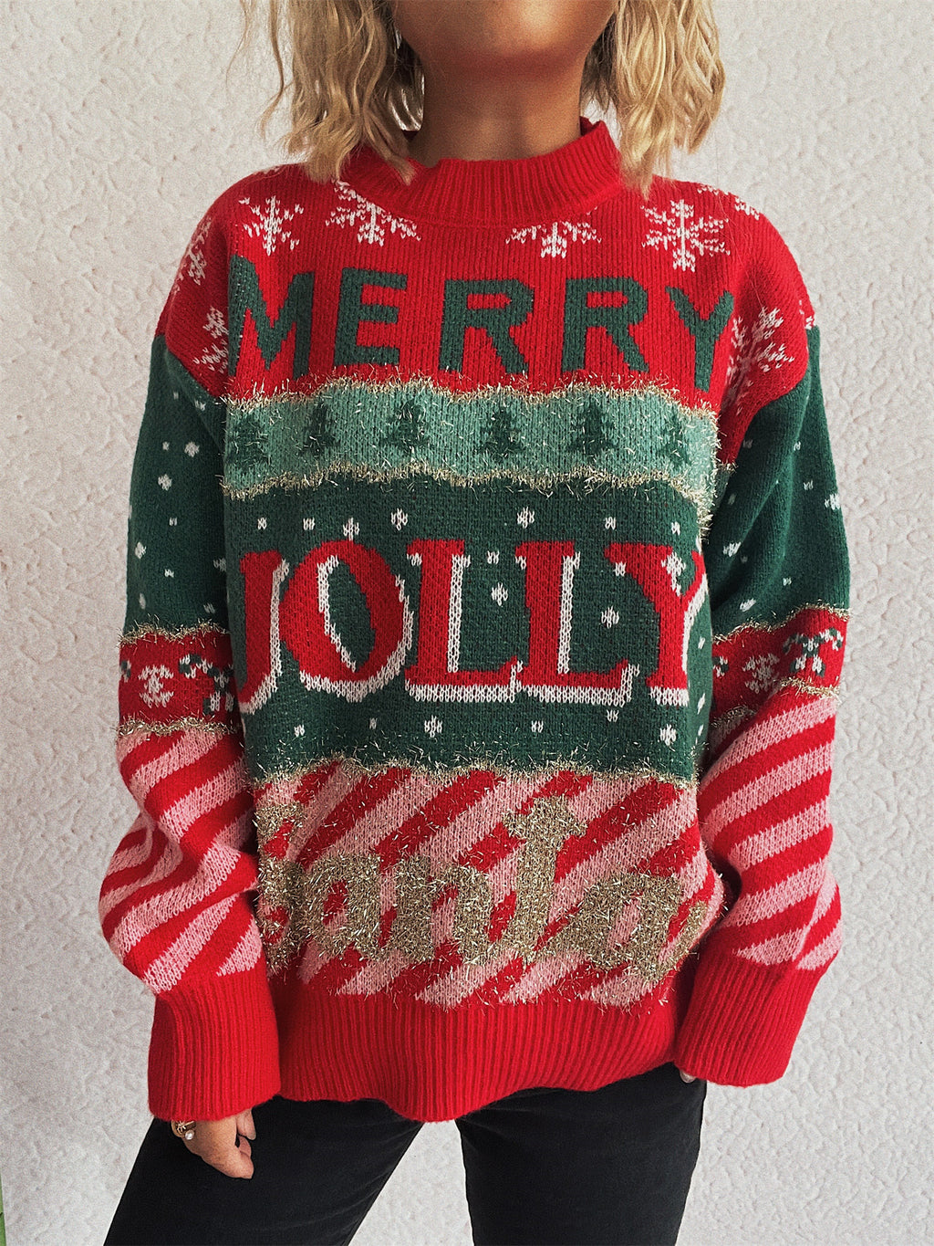 Festive Slogan Candy Stripe Christmas Sweater - Red - 5