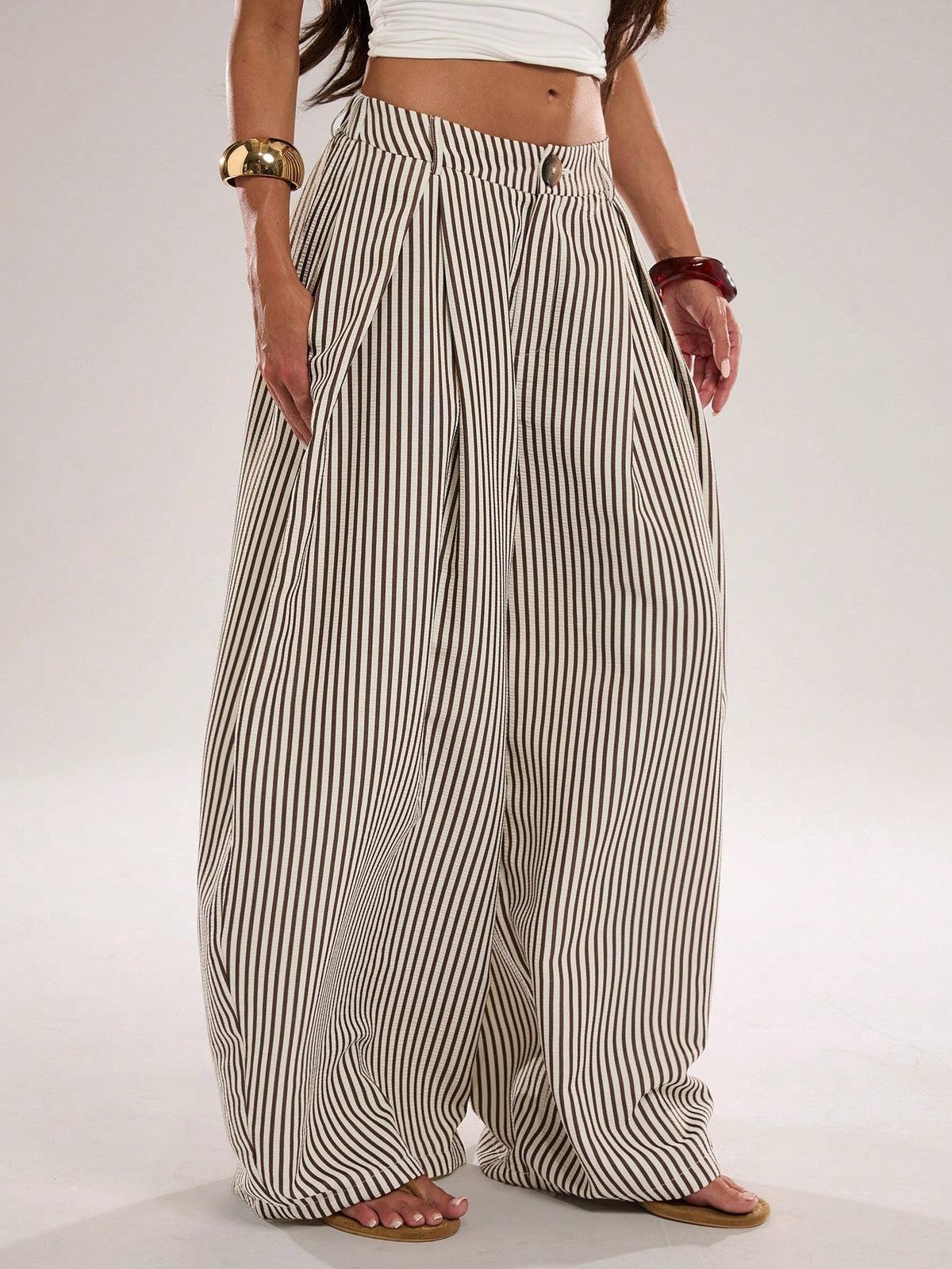 Pinstripe Pleated Front Oversized Wide Leg Pants - Apricot